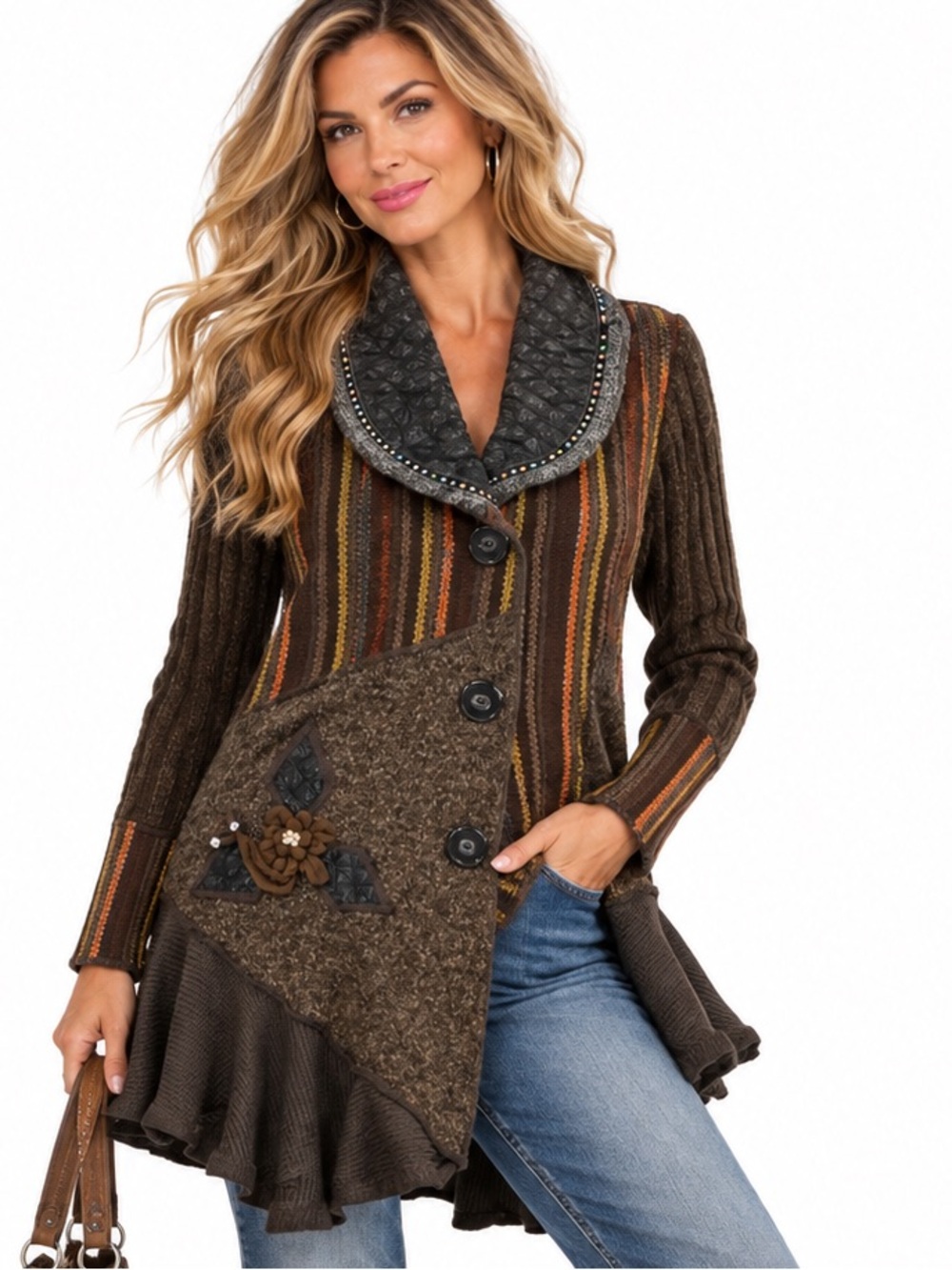 189.NWT Boho Patchwork Brown Striped Women’s Sweater Jacket